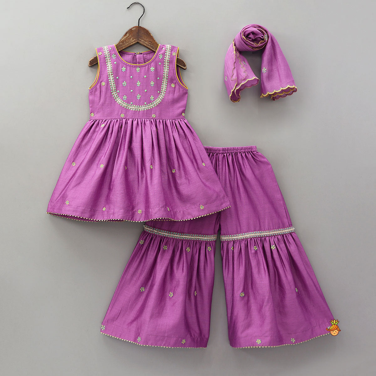 Booti Work Kurti And Sharara With Scalloped Dupatta