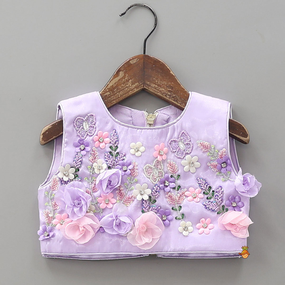 3D Flowers Embellished Sheen Crop Top And Puffy Skirt
