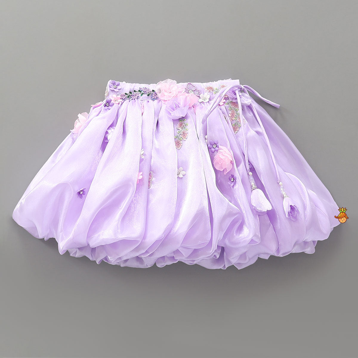 3D Flowers Embellished Sheen Crop Top And Puffy Skirt