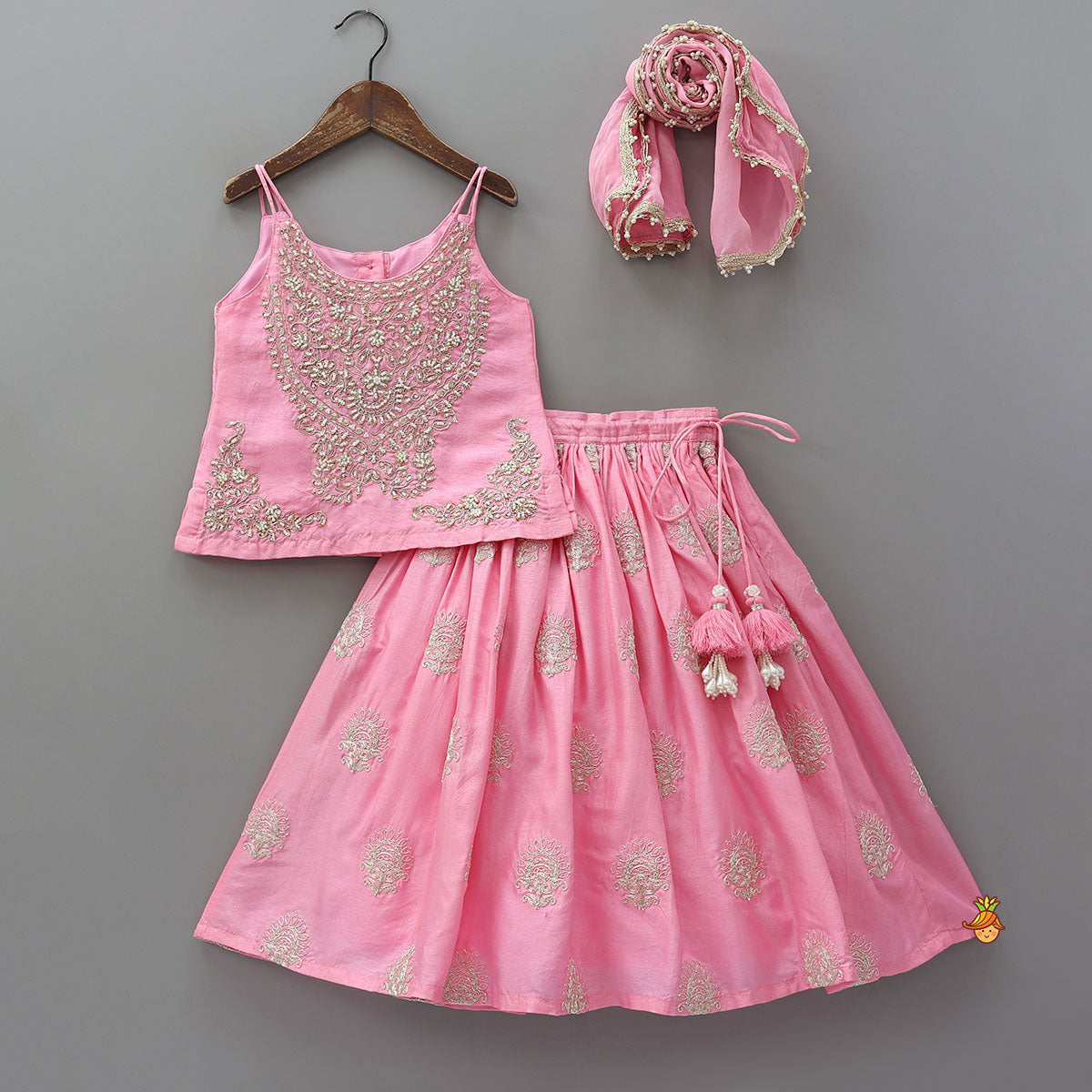 Hand Embroidered Strappy Top And Lehenga With Dupatta