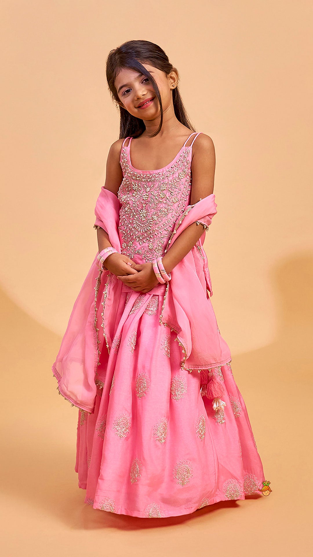 Hand Embroidered Strappy Top And Lehenga With Dupatta
