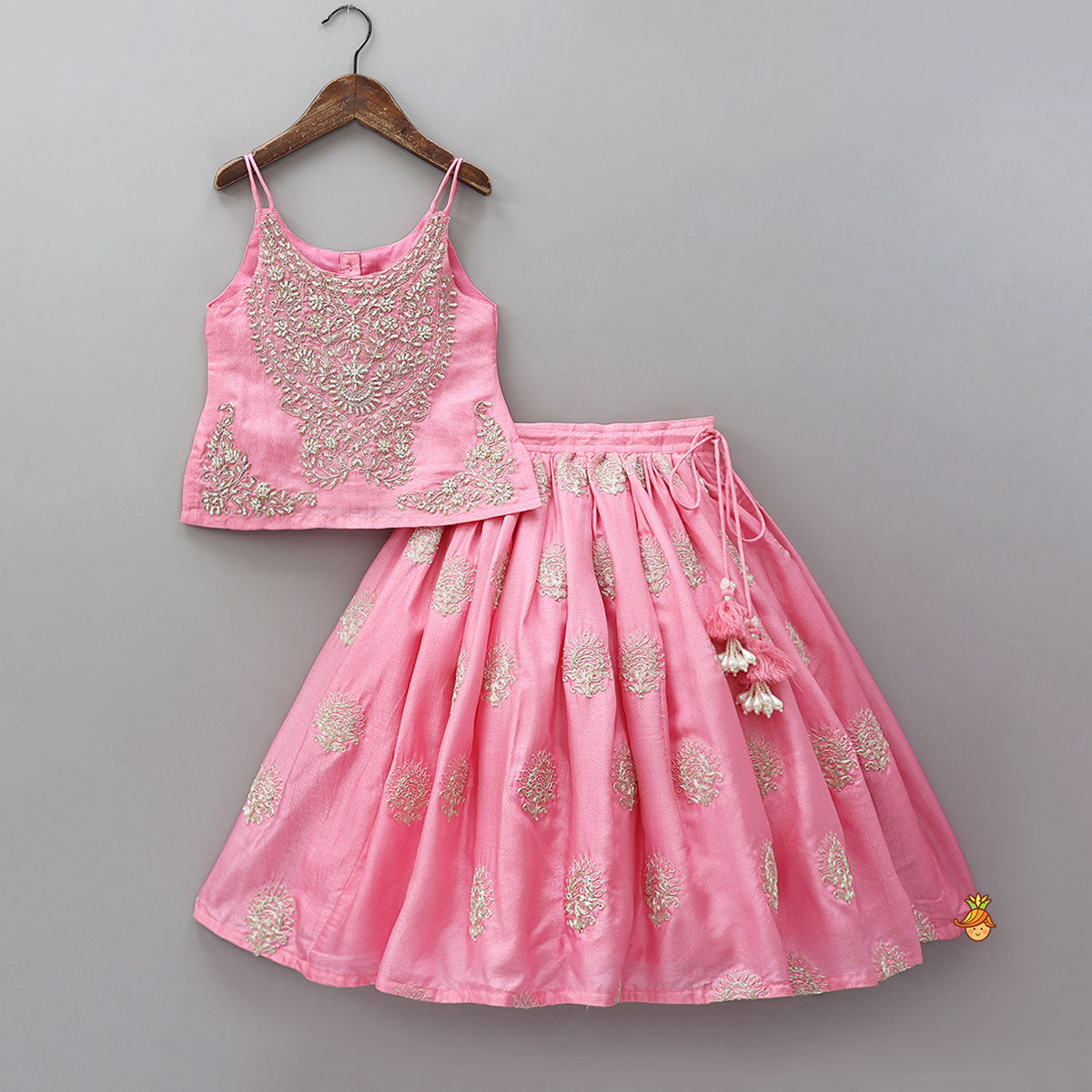 Hand Embroidered Strappy Top And Lehenga With Dupatta