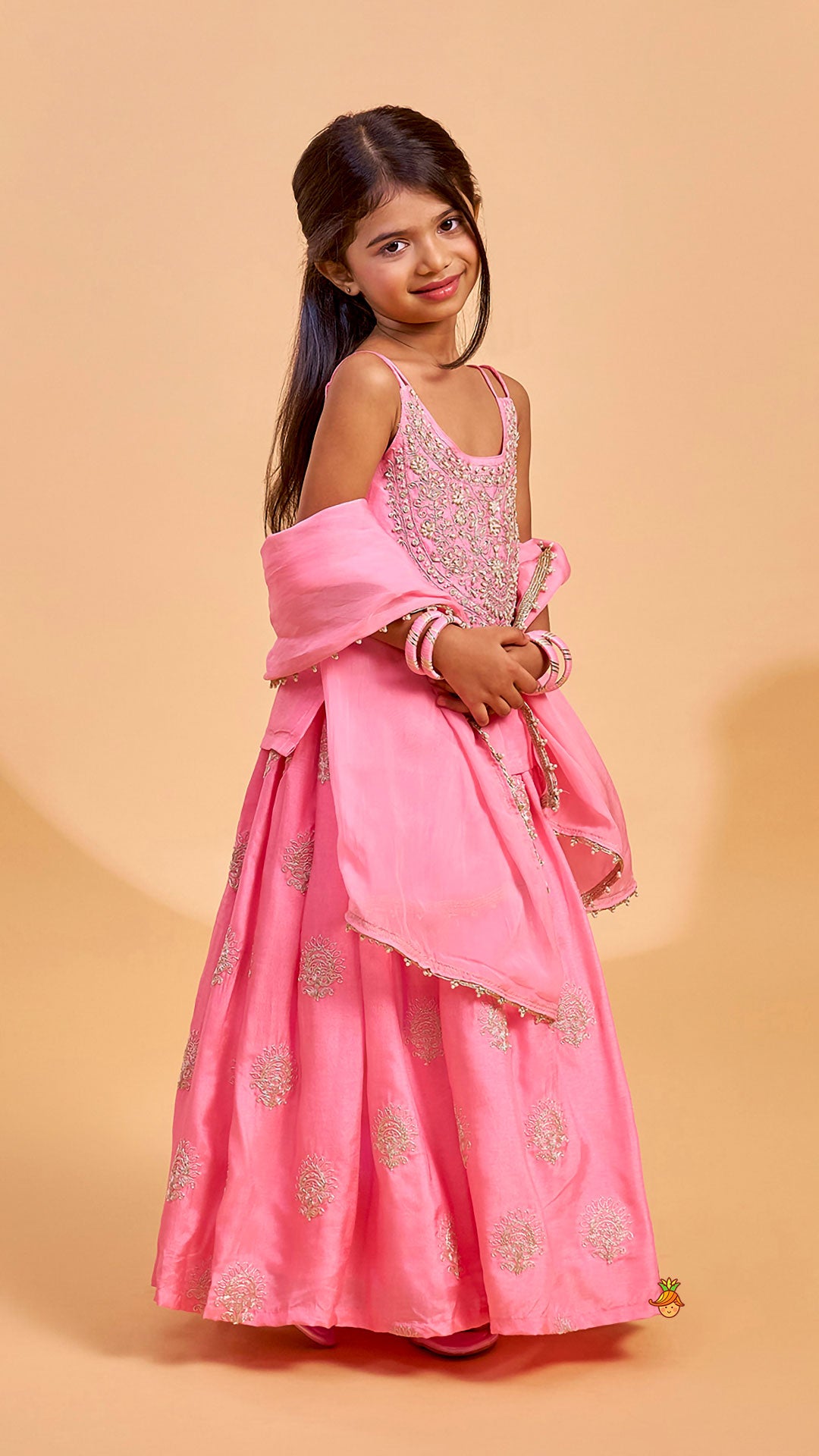 Hand Embroidered Strappy Top And Lehenga With Dupatta