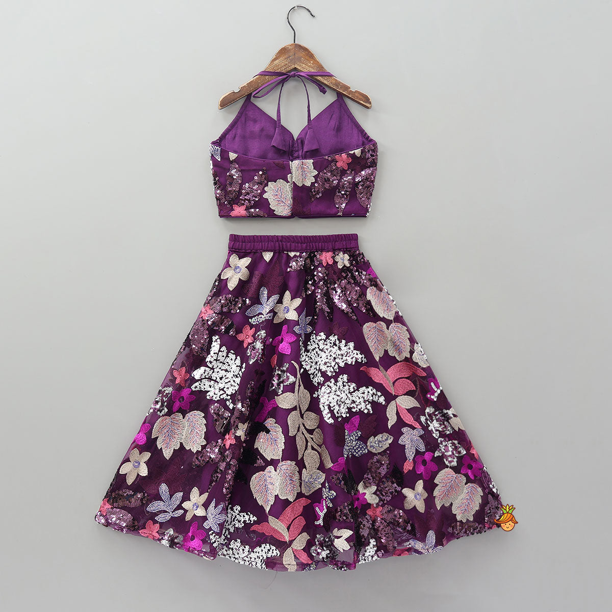Floral Sequins Embroidered Halter Crop Top And Flared Lehenga With Dupatta