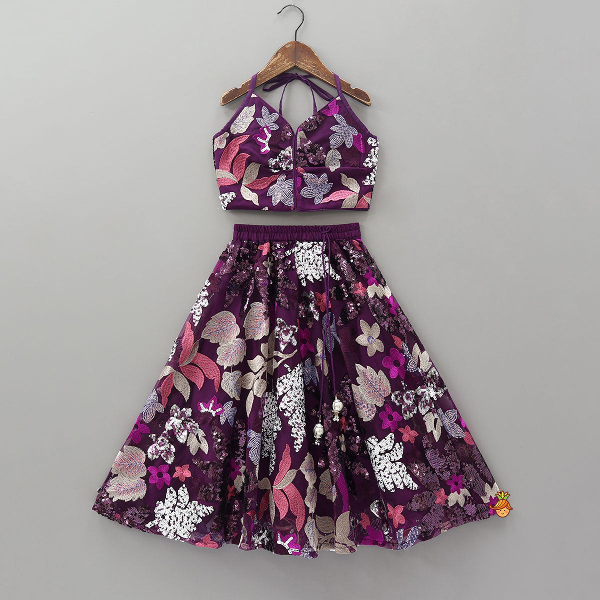Floral Sequins Embroidered Halter Crop Top And Flared Lehenga With Dupatta