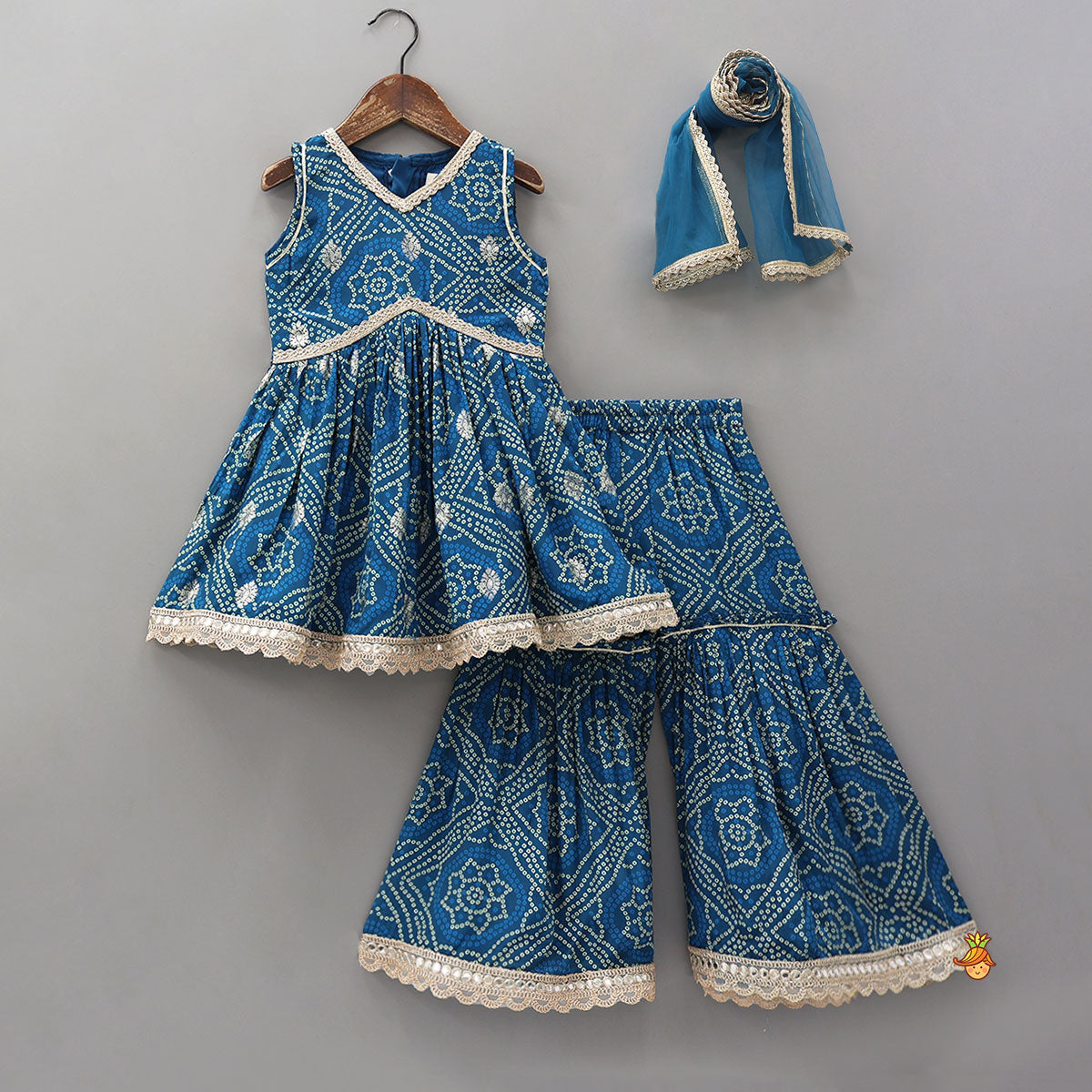 Elegant Bandhani Printed Ethnic Kurti With Sharara And Matching Dupatta