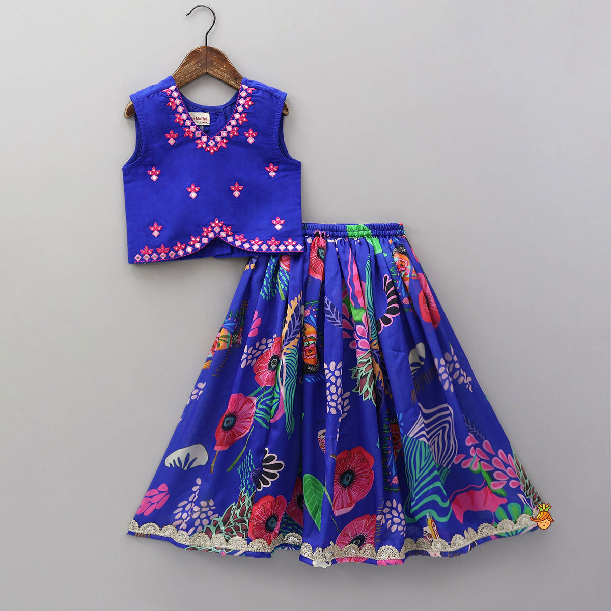 Faux Mirror Work Top And Printed Lehenga
