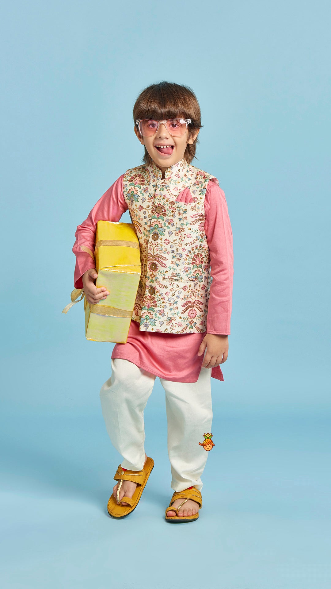 Kurta With Floral Printed Thread Work Jacket And Pyjama