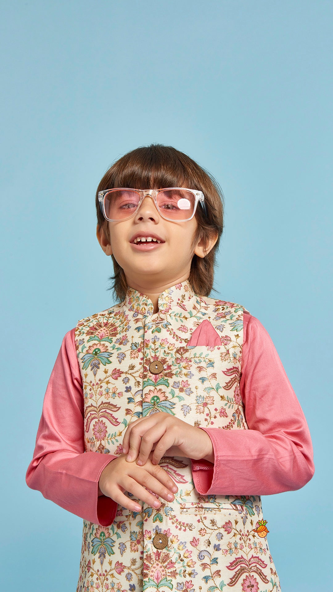 Kurta With Floral Printed Thread Work Jacket And Pyjama