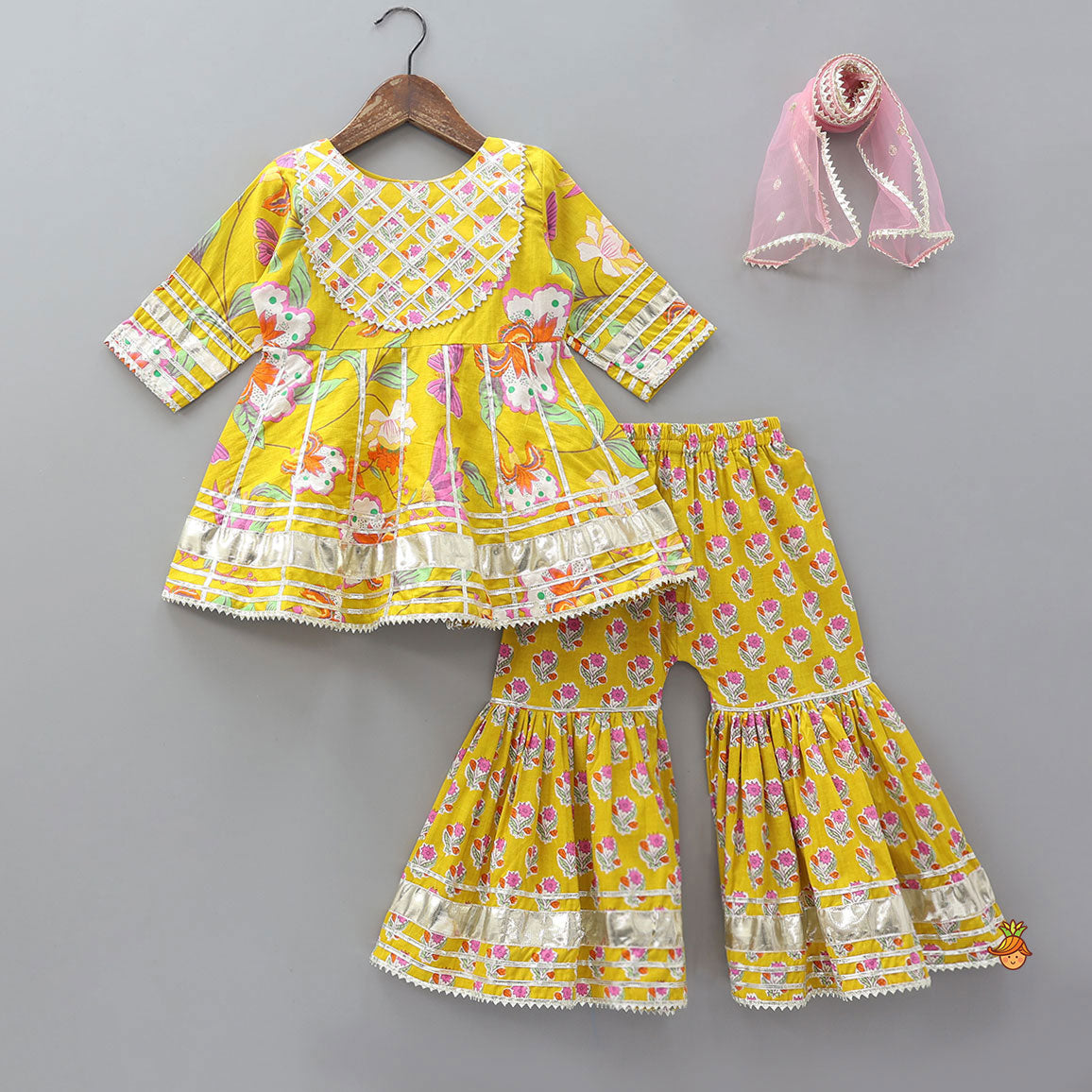 Gota Lace Work Printed Kurti And Sharara With Dupatta