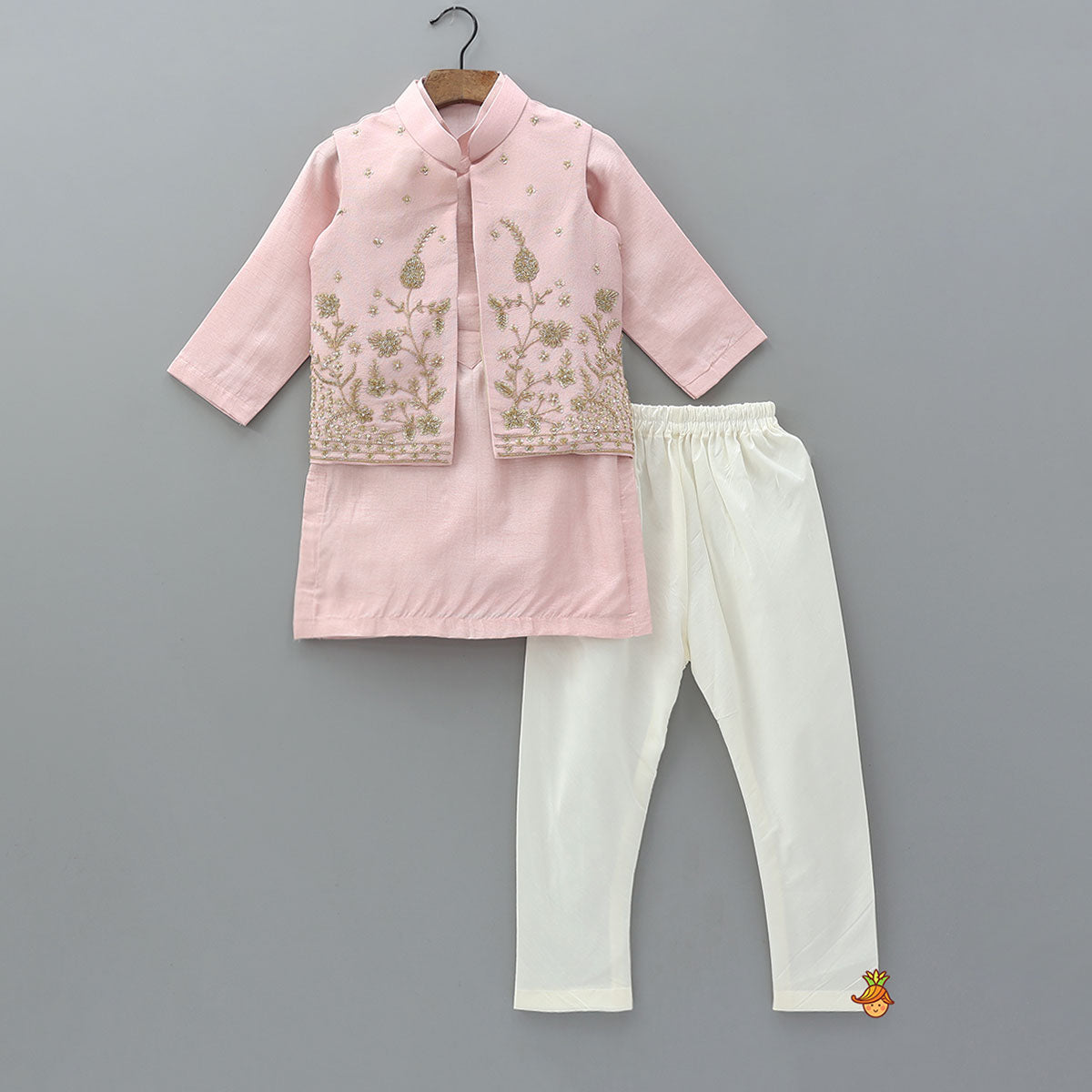 Silk Kurta With Shimmery Front Open Embroidered Jacket And Churidar