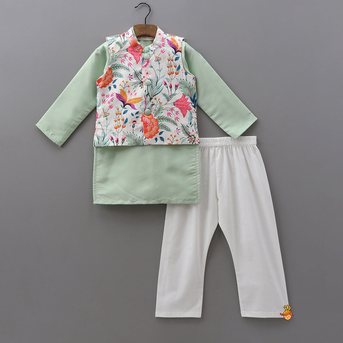 Lace Work Ethnic Kurta With Printed Jacket And Pyjama