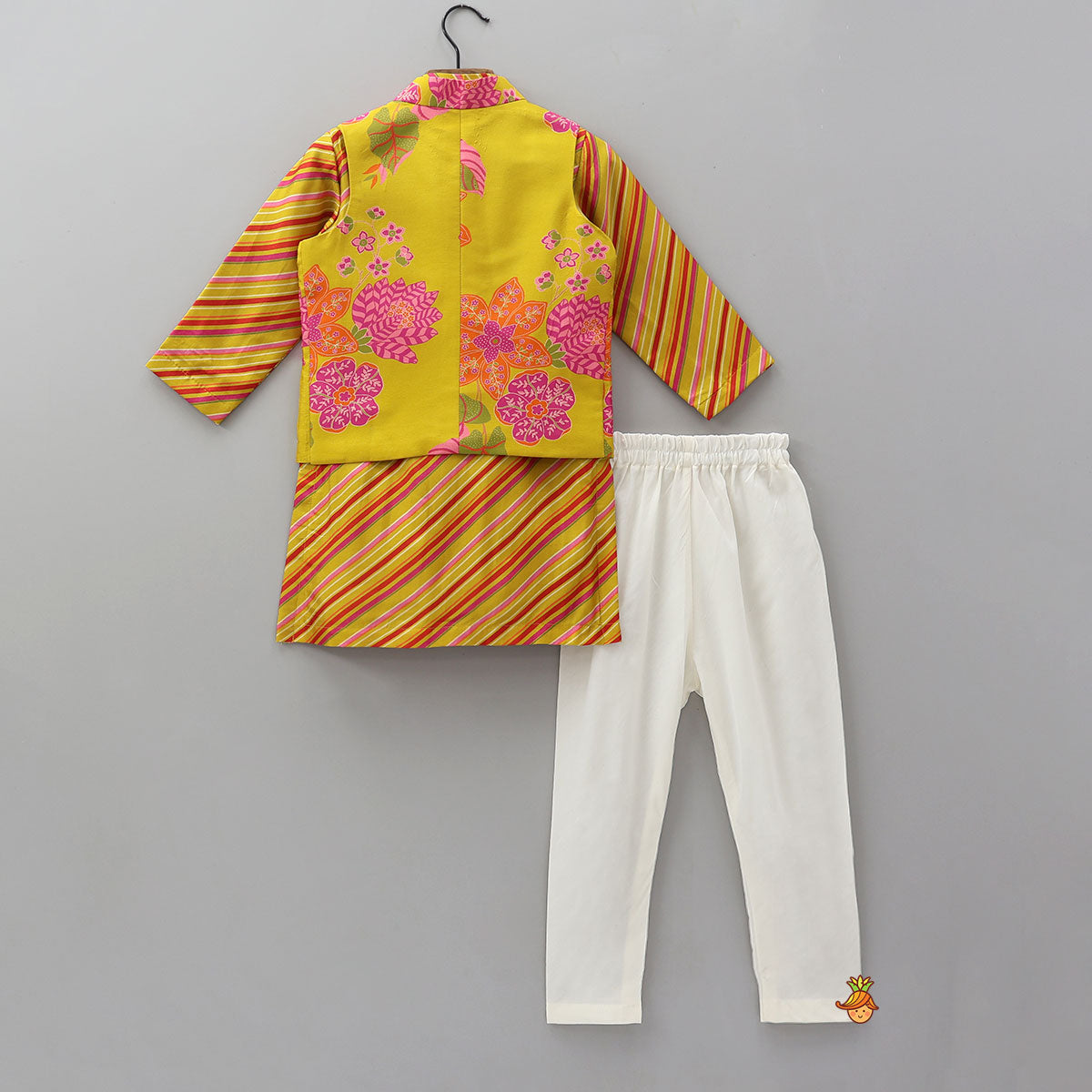 Striped Kurta With Front-Open Floral Jacket And Churidar