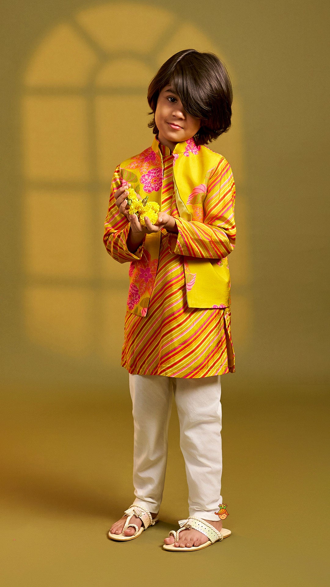 Striped Kurta With Front-Open Floral Jacket And Churidar