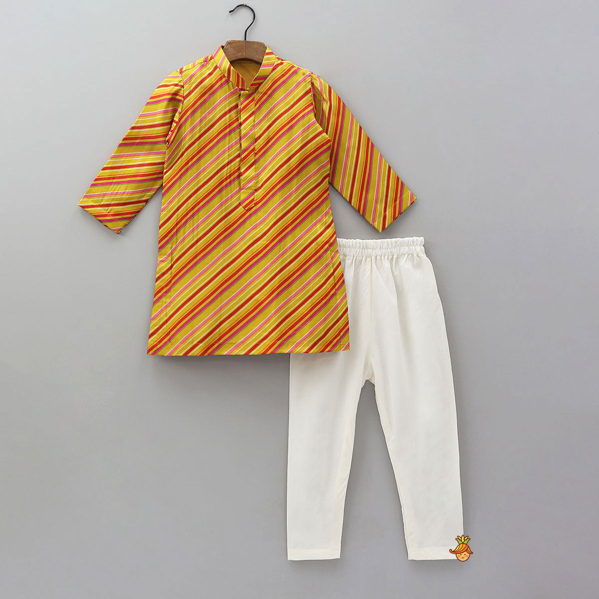 Striped Kurta With Front-Open Floral Jacket And Churidar