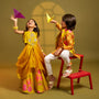 Striped Kurta With Front-Open Floral Jacket And Churidar twinning model image 3