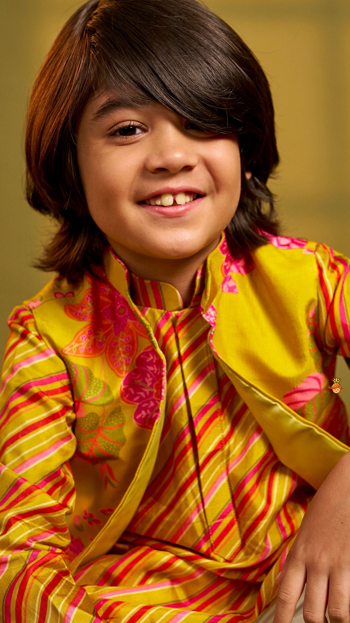 Striped Kurta With Front-Open Floral Jacket And Churidar