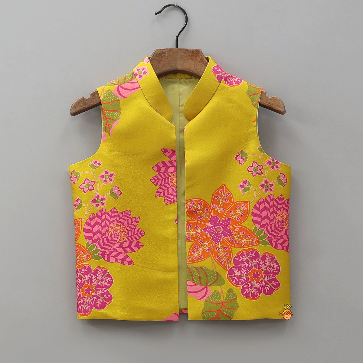 Striped Kurta With Front-Open Floral Jacket And Churidar