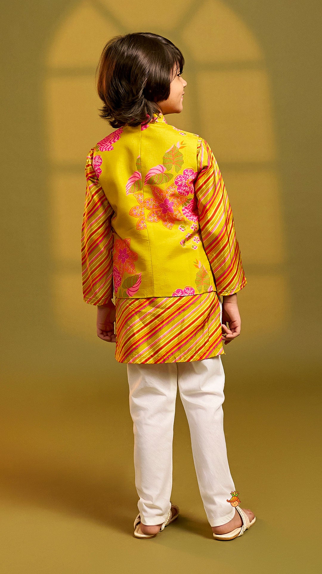 Striped Kurta With Front-Open Floral Jacket And Churidar