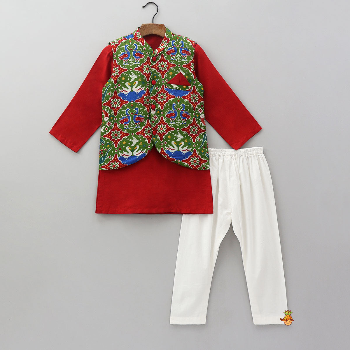 Kurta With Pocket Square Ethnic Printed Jacket And Pyjama