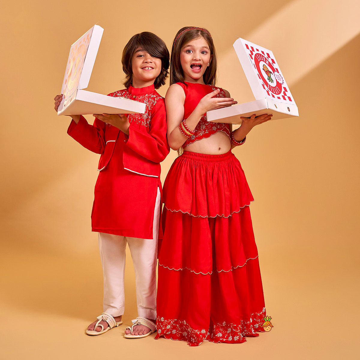 Overlap Style Crop Top and Layered Lehenga With Matching Dupatta twinning model image 1