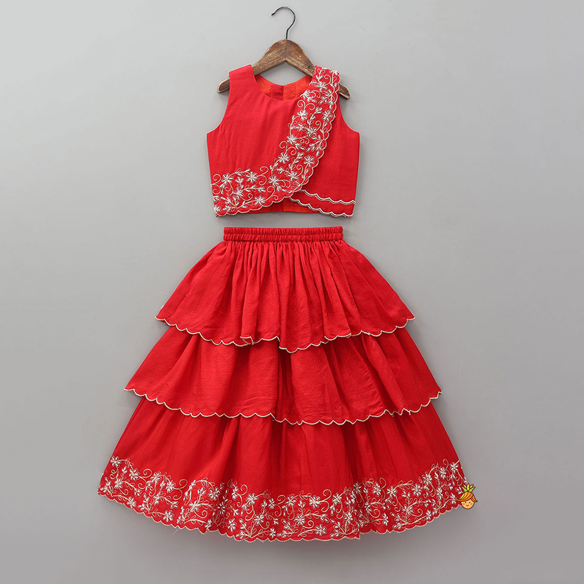 Overlap Style Crop Top and Layered Lehenga With Matching Dupatta