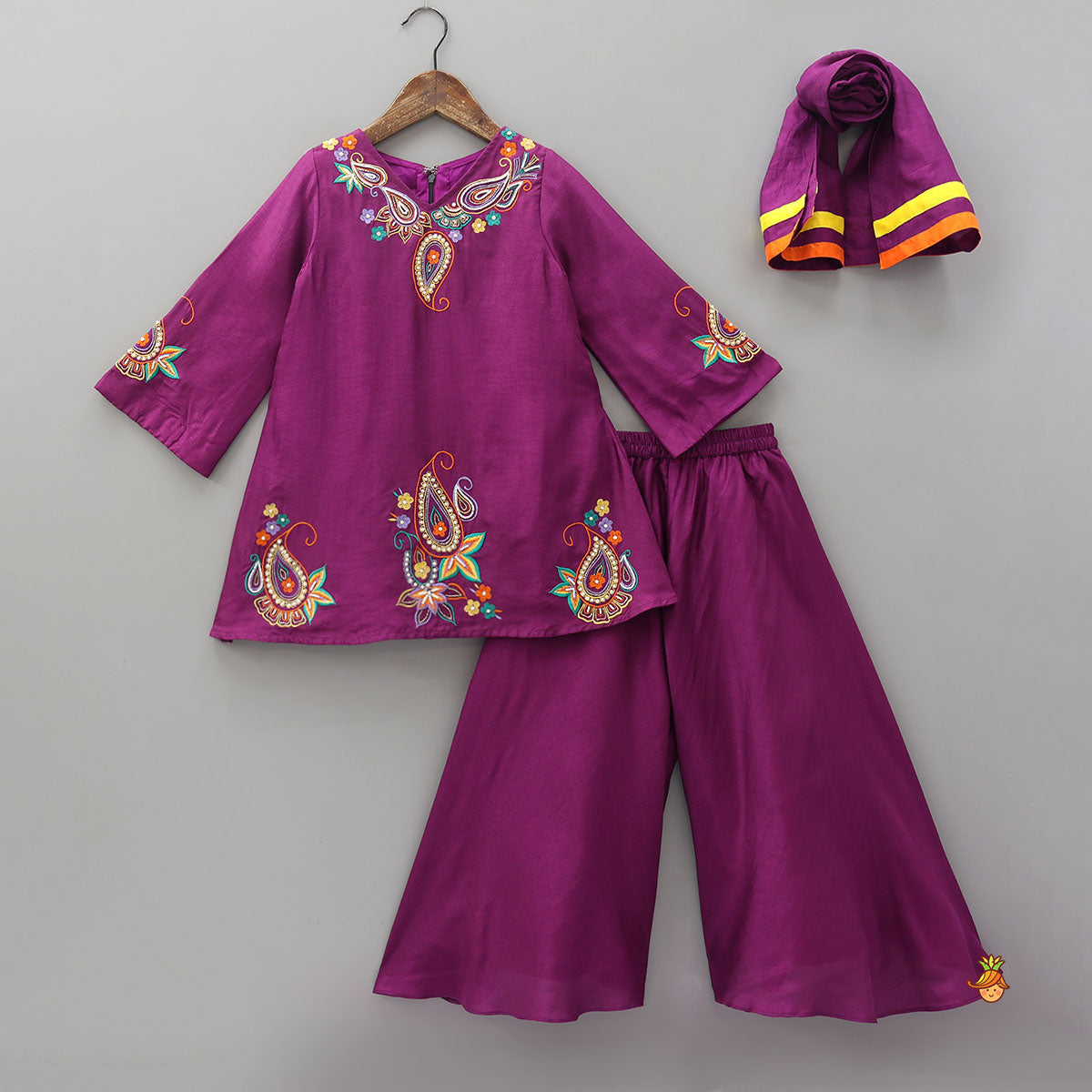 Paisley Embroidered Kurti With Palazzo And Dupatta