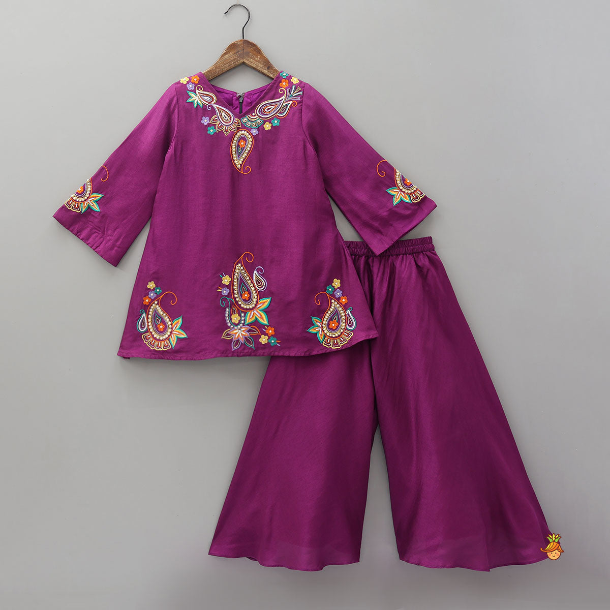 Paisley Embroidered Kurti With Palazzo And Dupatta