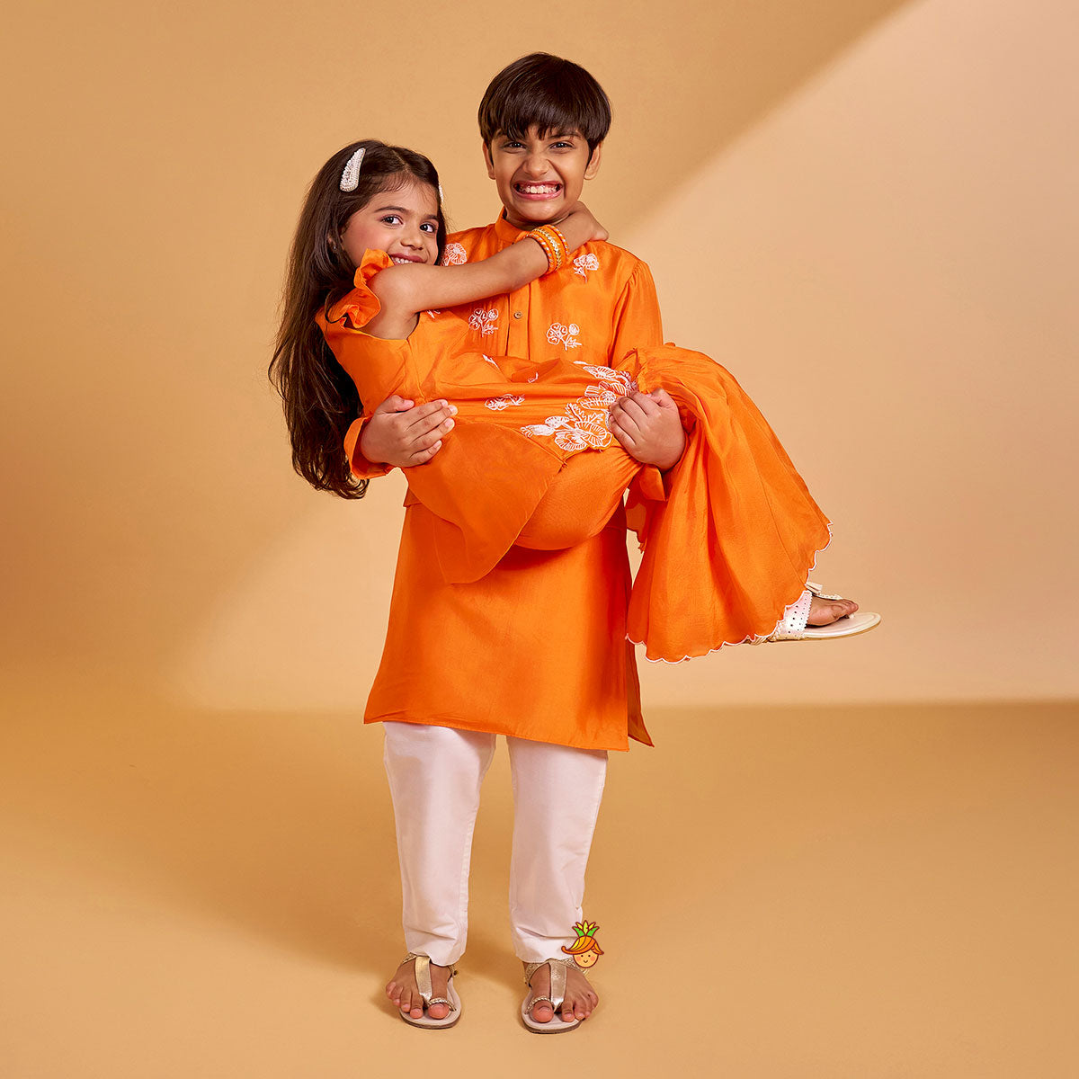 Floral Embroidered Kurti With Sharara And Dupatta twinning model image 2