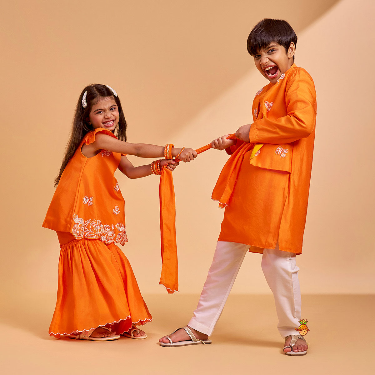 Floral Embroidered Kurti With Sharara And Dupatta twinning model image 4