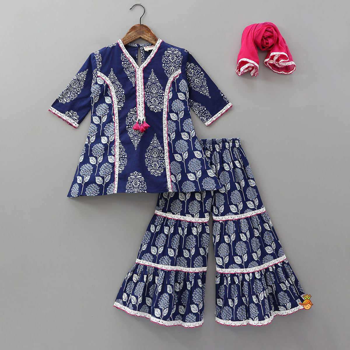 Beautifully Printed Cotton Kurti And Sharara With Contrasting Dupatta