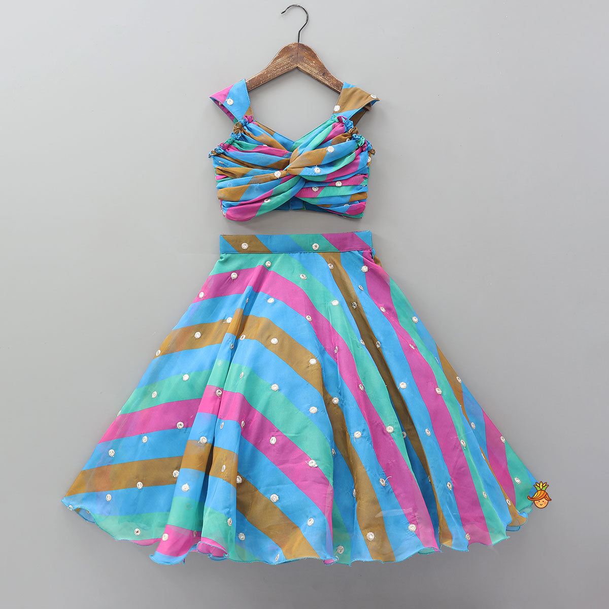 Twisted Gathered Faux Mirror Work Crop Top And Flared Lehenga