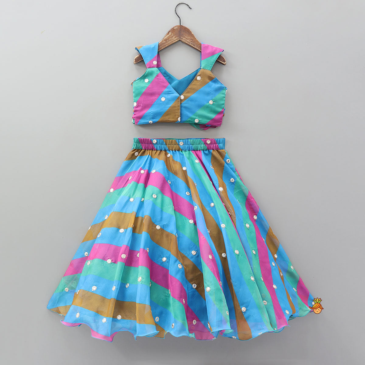 Twisted Gathered Faux Mirror Work Crop Top And Flared Lehenga