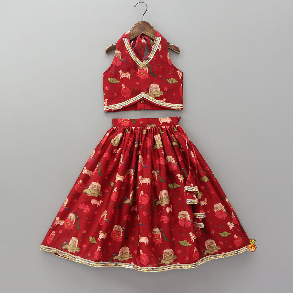 Ethnic Print Halter Neck Crop Top With Flared Lehenga