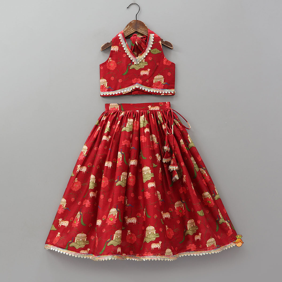Ethnic Print Halter Neck Crop Top With Flared Lehenga