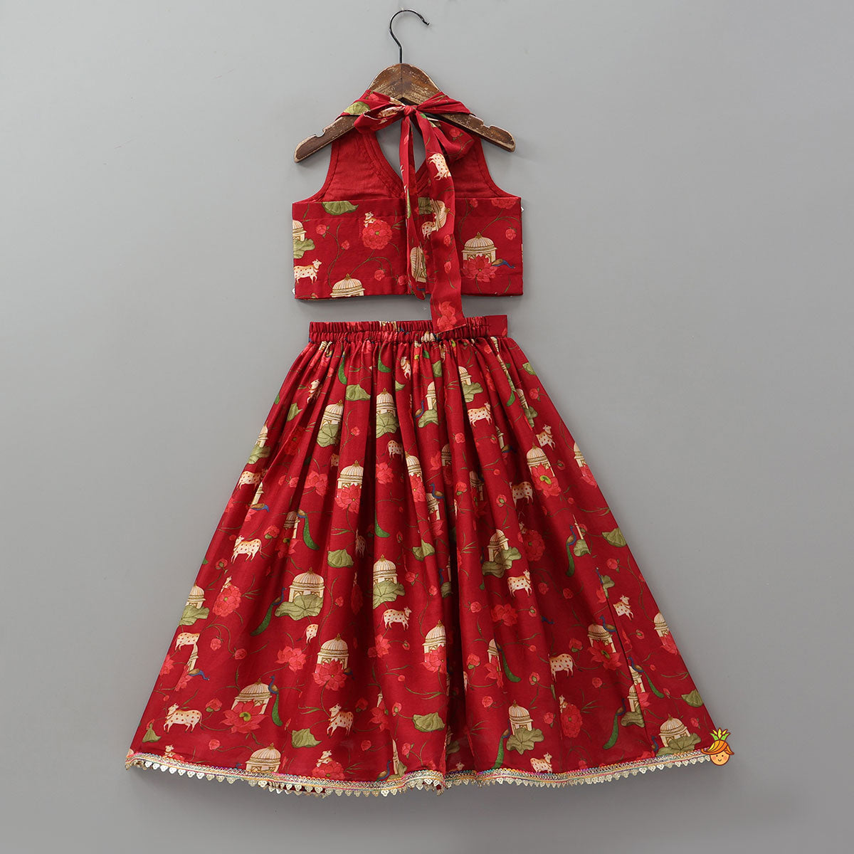 Ethnic Print Halter Neck Crop Top With Flared Lehenga