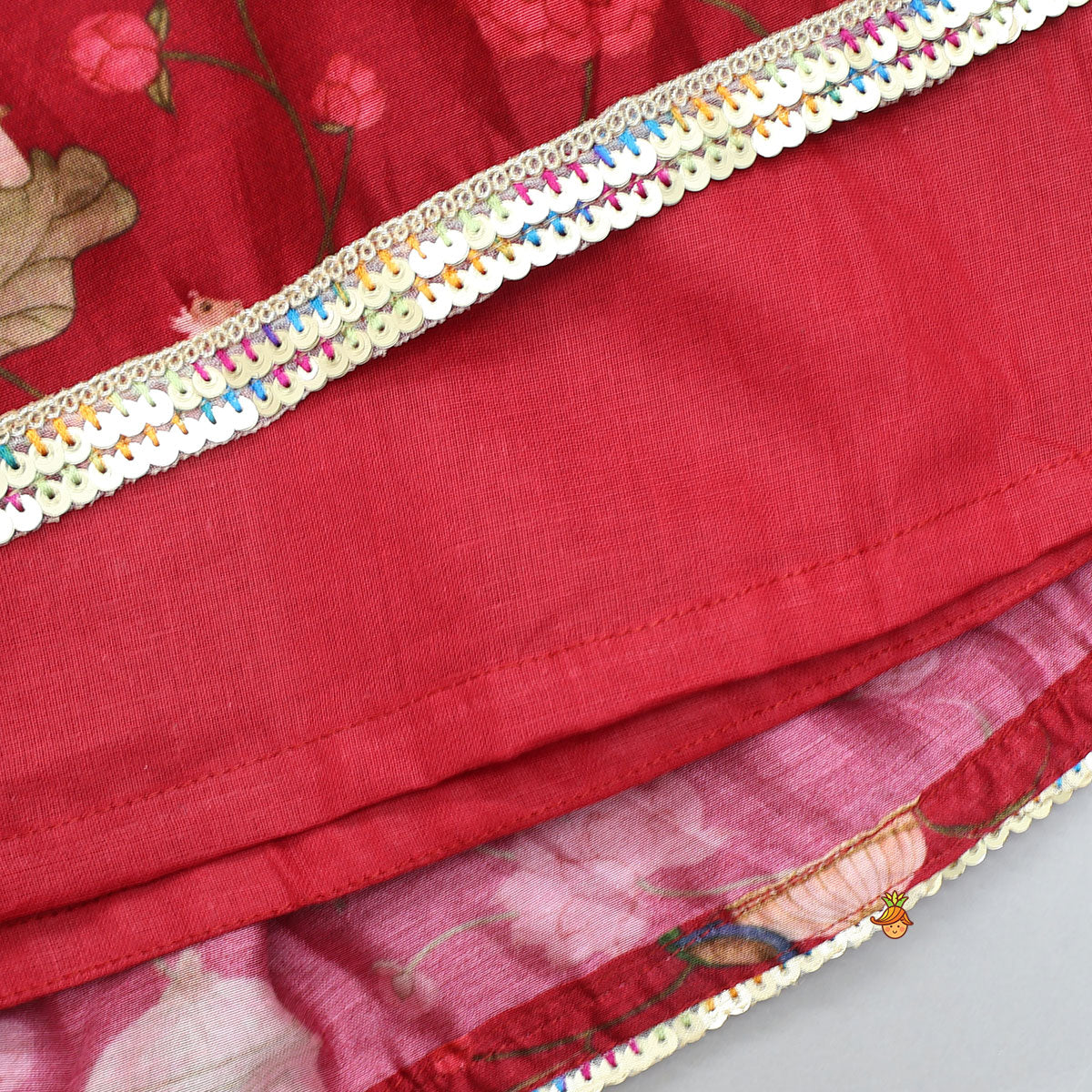 Ethnic Print Halter Neck Crop Top With Flared Lehenga