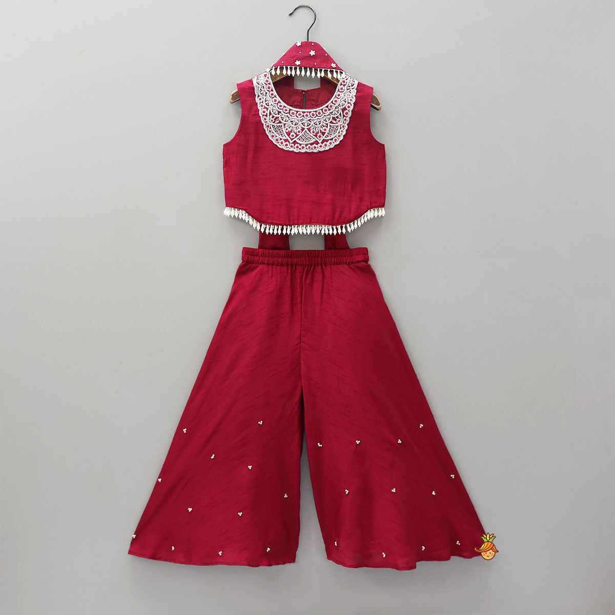 Mysore Silk Beaded Tassel Top And Palazzo Set With Organza Dupatta