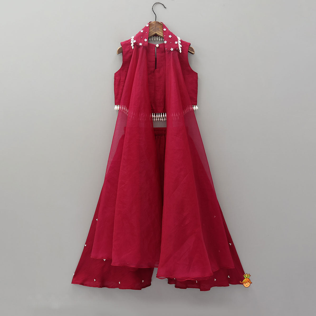 Mysore Silk Beaded Tassel Top And Palazzo Set With Organza Dupatta