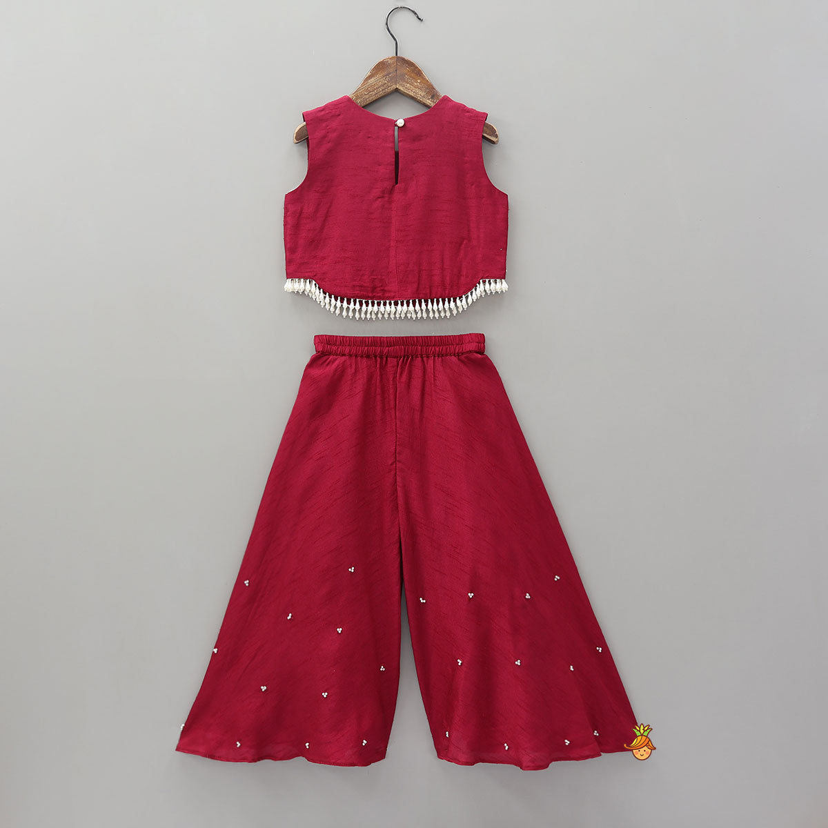 Mysore Silk Beaded Tassel Top And Palazzo Set With Organza Dupatta