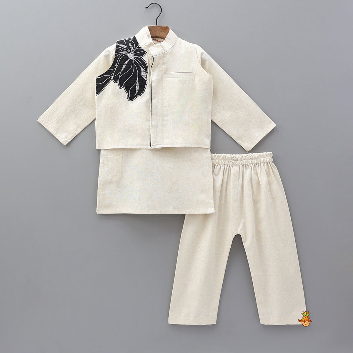 Elegant Kurta With Floral Applique Jacket And Pyjama