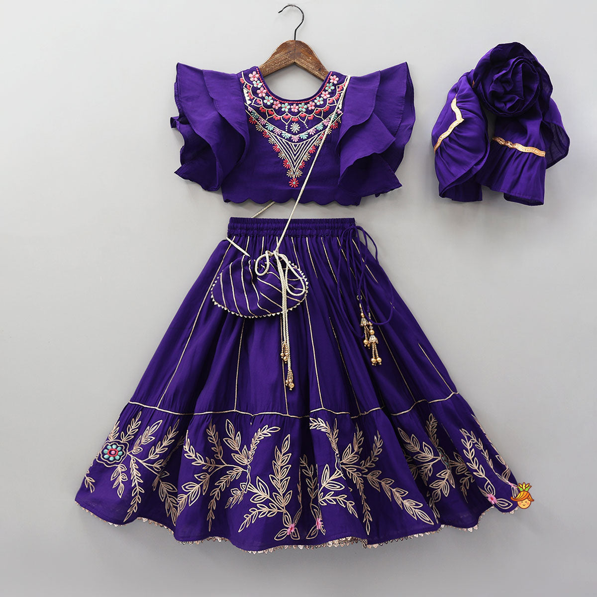 Ruffle Sleeves Top And Lace Work Lehenga With Matching Dupatta And Sling Bag