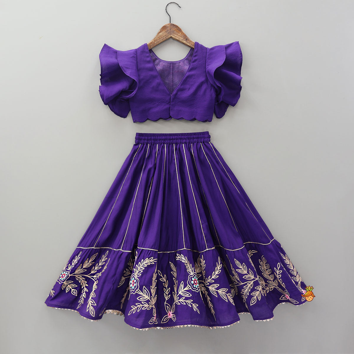 Ruffle Sleeves Top And Lace Work Lehenga With Matching Dupatta
