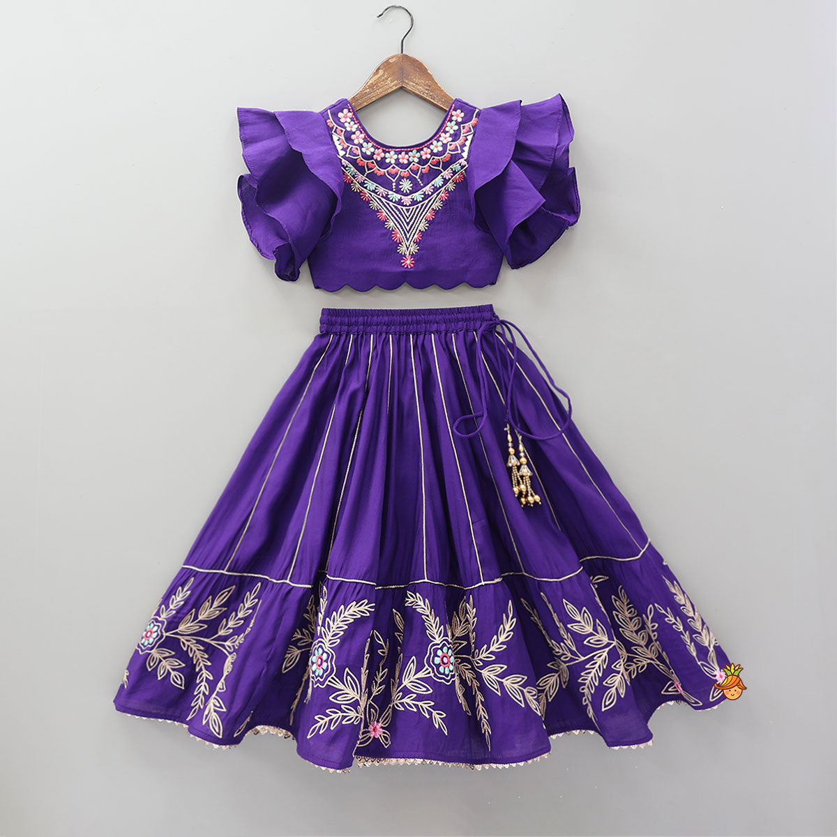 Ruffle Sleeves Top And Lace Work Lehenga With Matching Dupatta