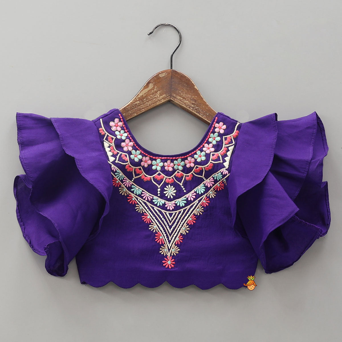 Ruffle Sleeves Top And Lace Work Lehenga With Matching Dupatta