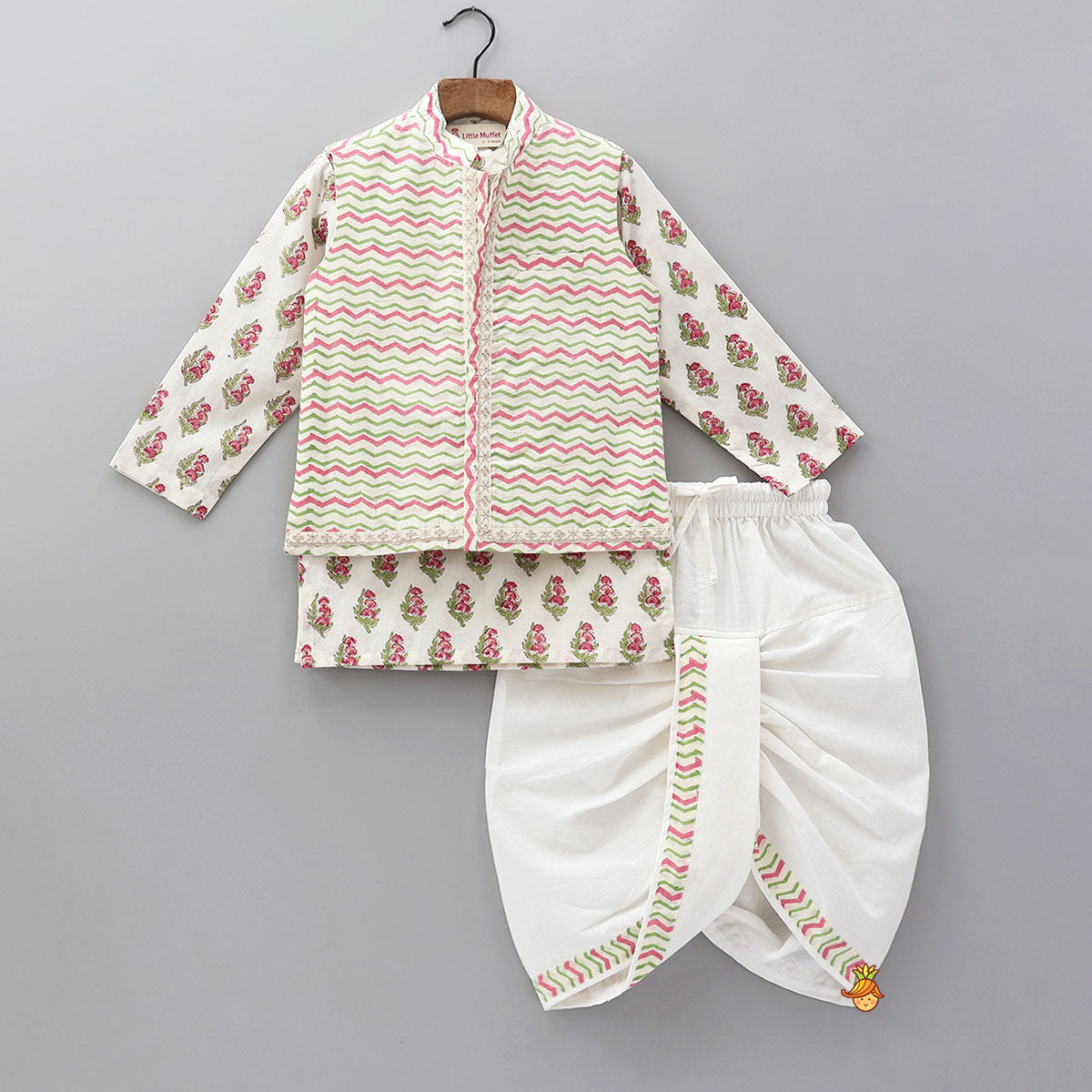 Floral Printed Kurta And Chevron Printed Jacket With Matching Dhoti