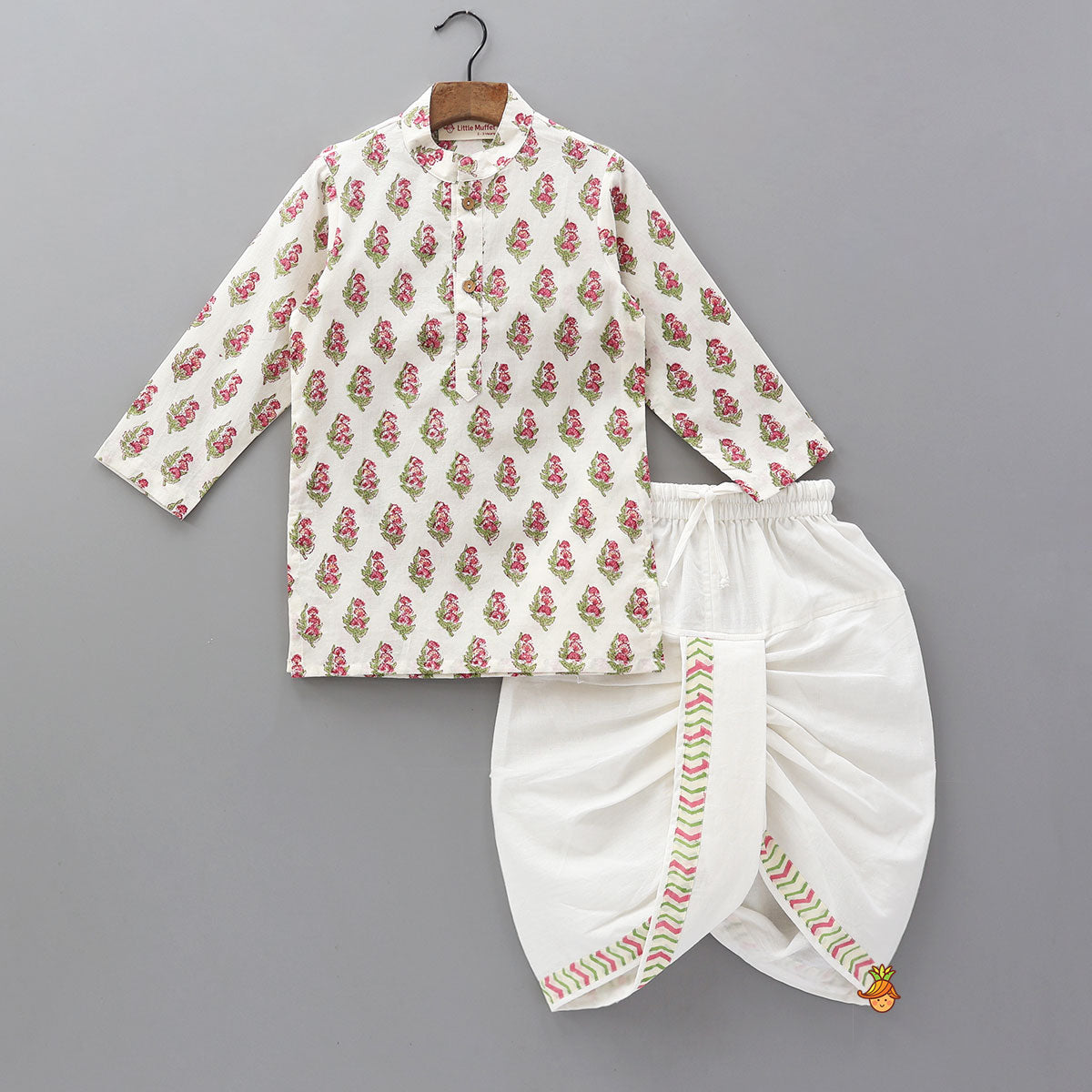 Floral Printed Kurta And Chevron Printed Jacket With Matching Dhoti