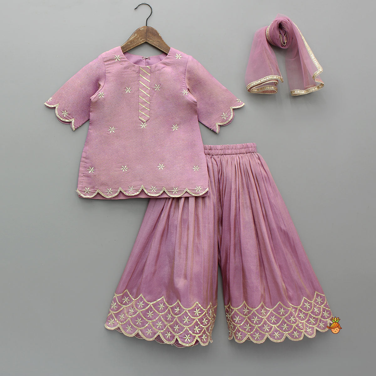 Shimmery Scalloped Design Kurti With Palazzo And Net Dupatta