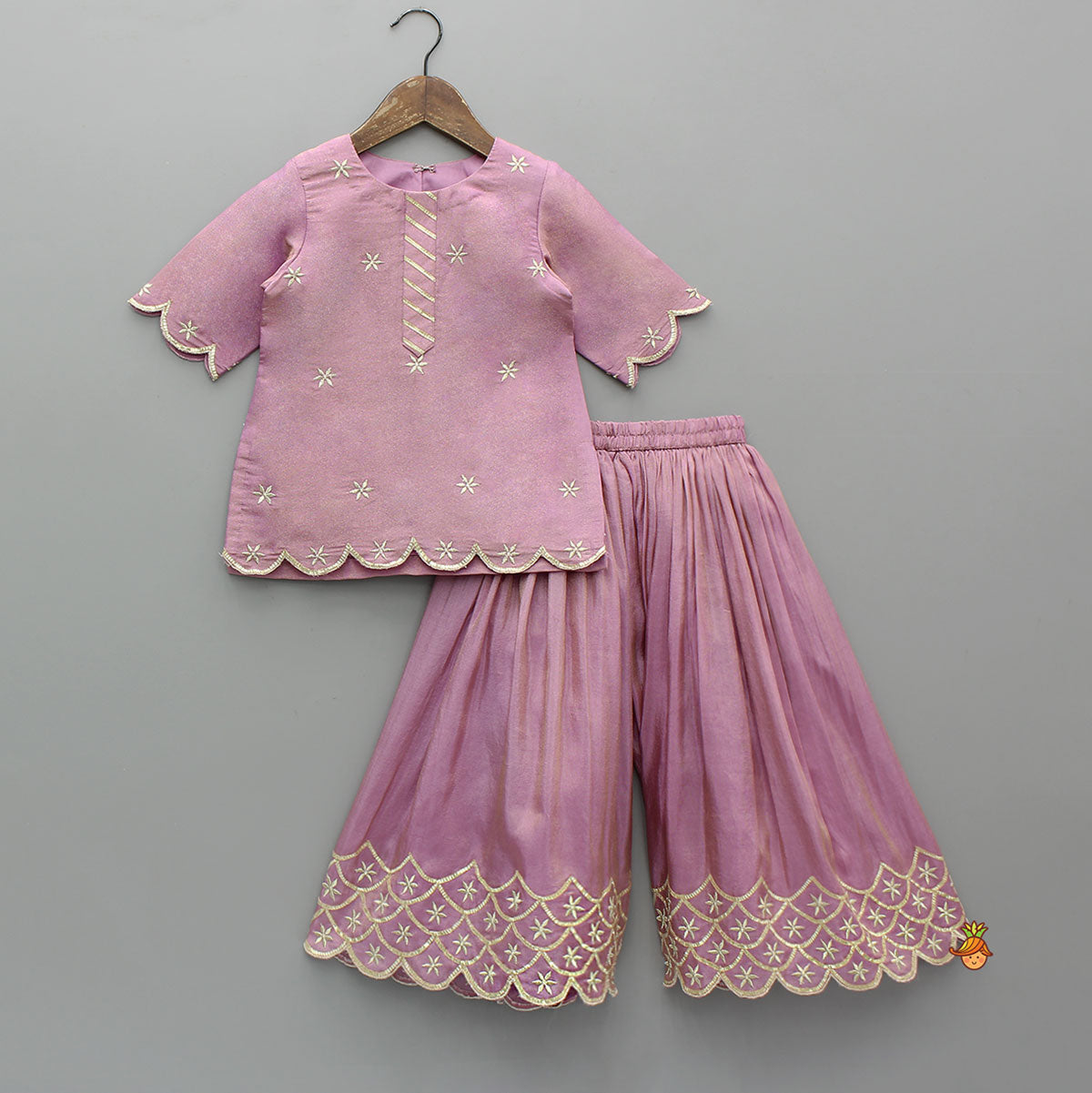 Shimmery Scalloped Design Kurti With Palazzo And Net Dupatta