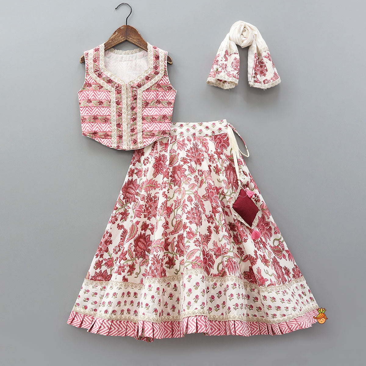 Hand Block Printed Crop Top And Pleated Hem Lehenga With Matching Dupatta